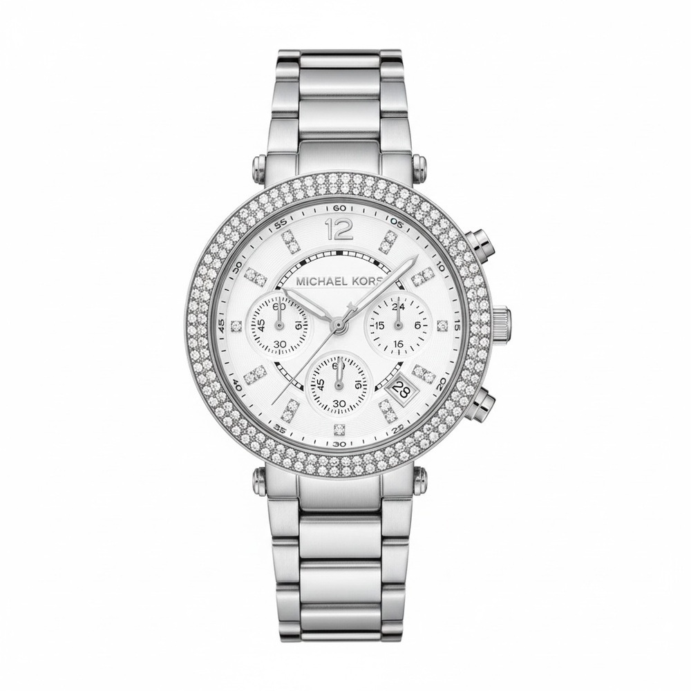 Michael Kors Silver Chronograph Watch with Crystal Rhinestone Bezel Detail